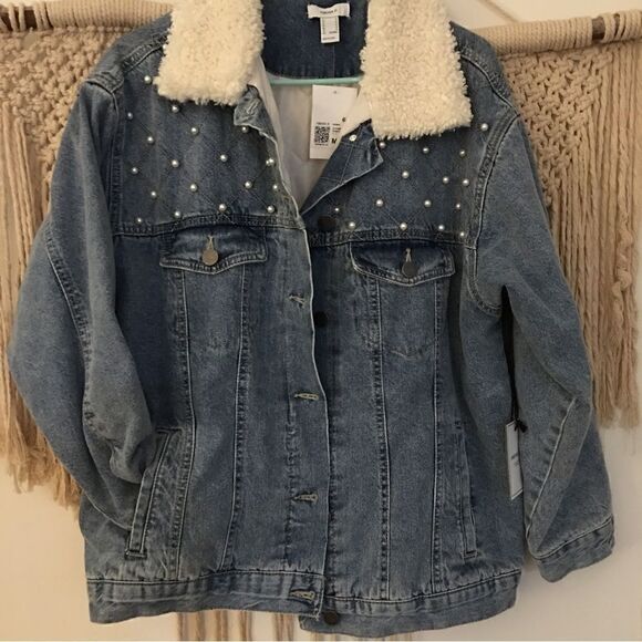 New w| Tags! INNER QUILTED, PEARL EMBELLISHED JEAN JACKET - Picture 3 of 11